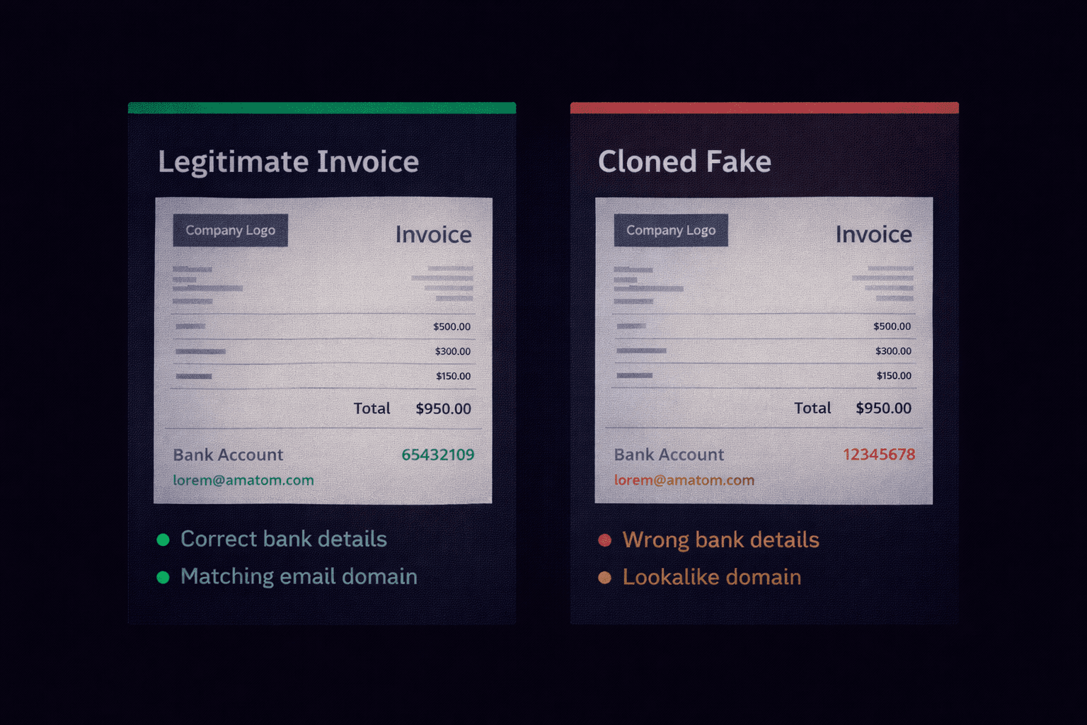 Side-by-side comparison of a legitimate invoice versus a cloned fake with altered bank details