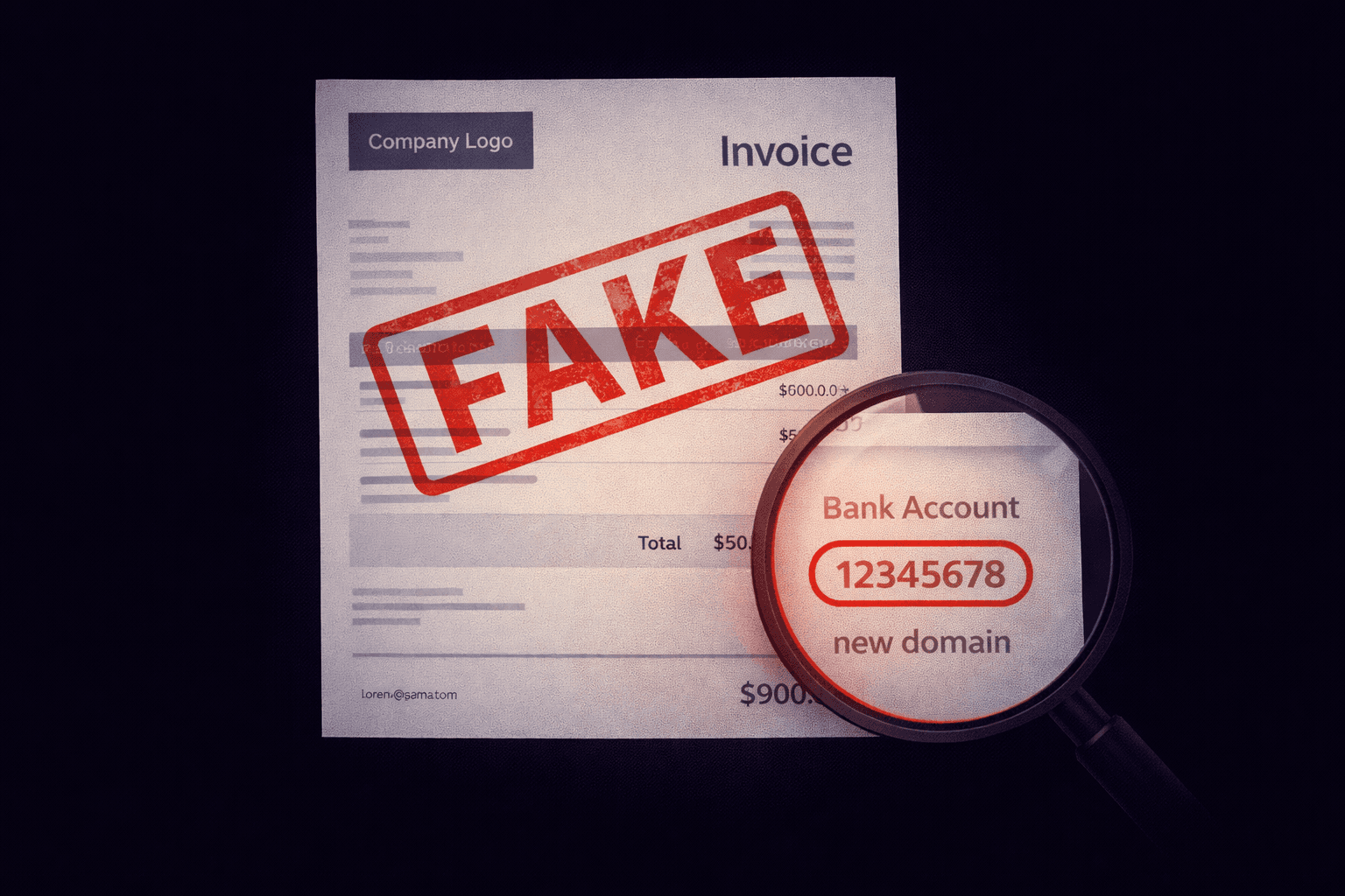 Professional invoice document with a large red FAKE stamp and magnifying glass highlighting a suspicious bank account