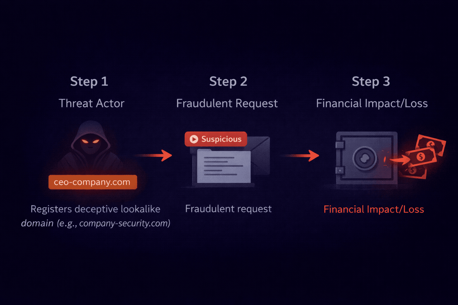 Three-step BEC attack flow: register lookalike domain, send urgent request, money wired