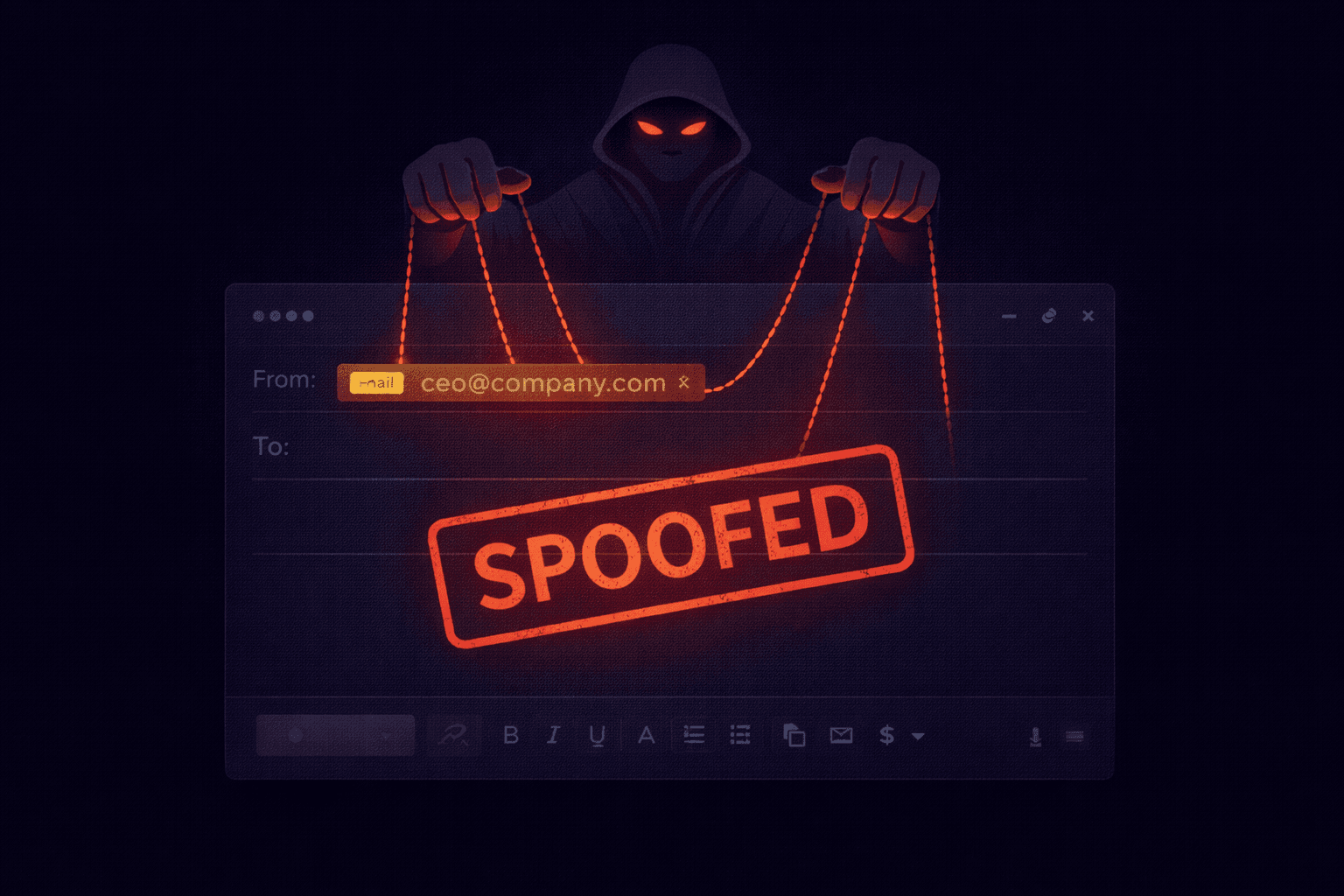Spoofed CEO email with hacker puppet master illustration