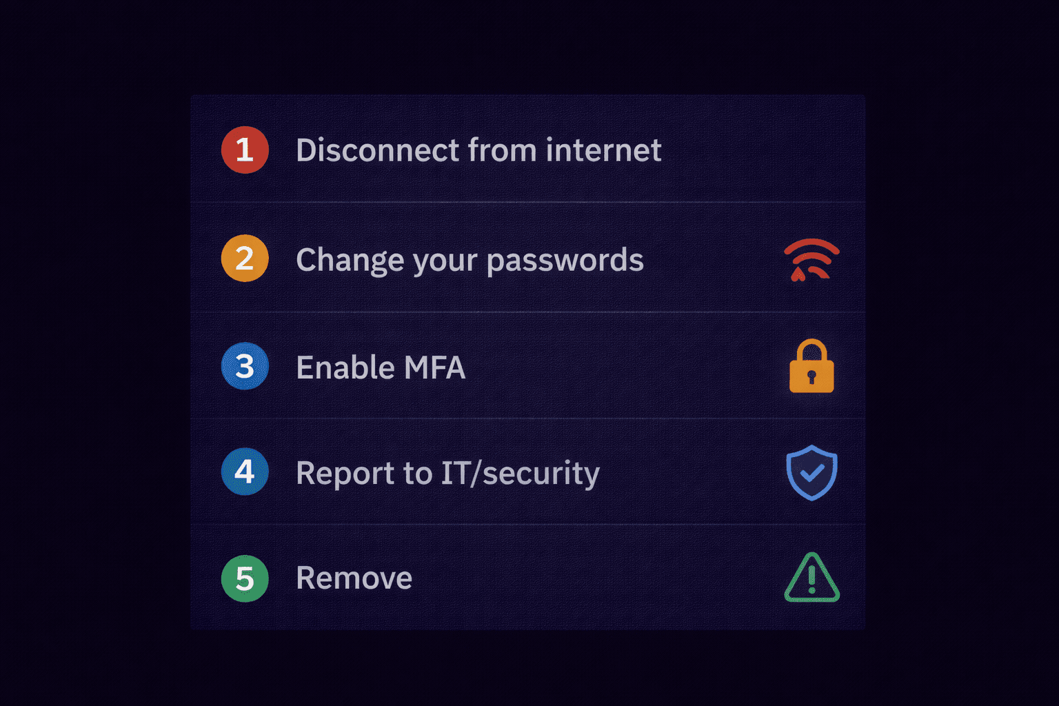 4-step incident response checklist: disconnect, change passwords, enable MFA, report to IT