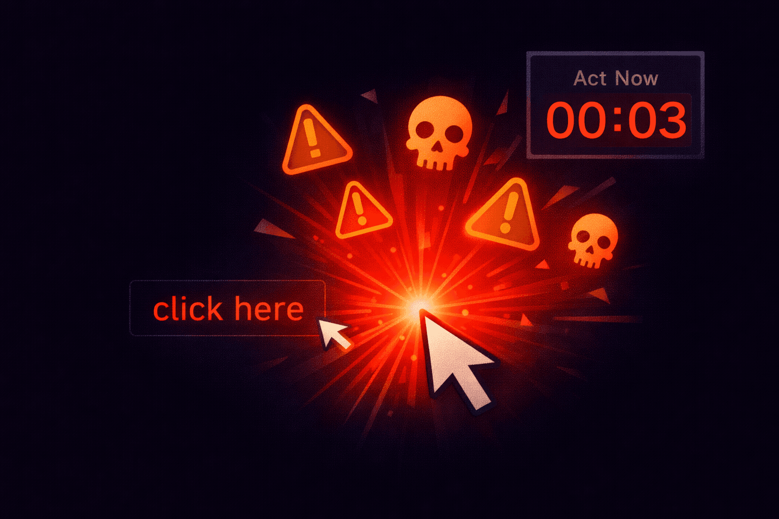 Cursor having just clicked a phishing link with alarm icons bursting outward and an Act Now countdown