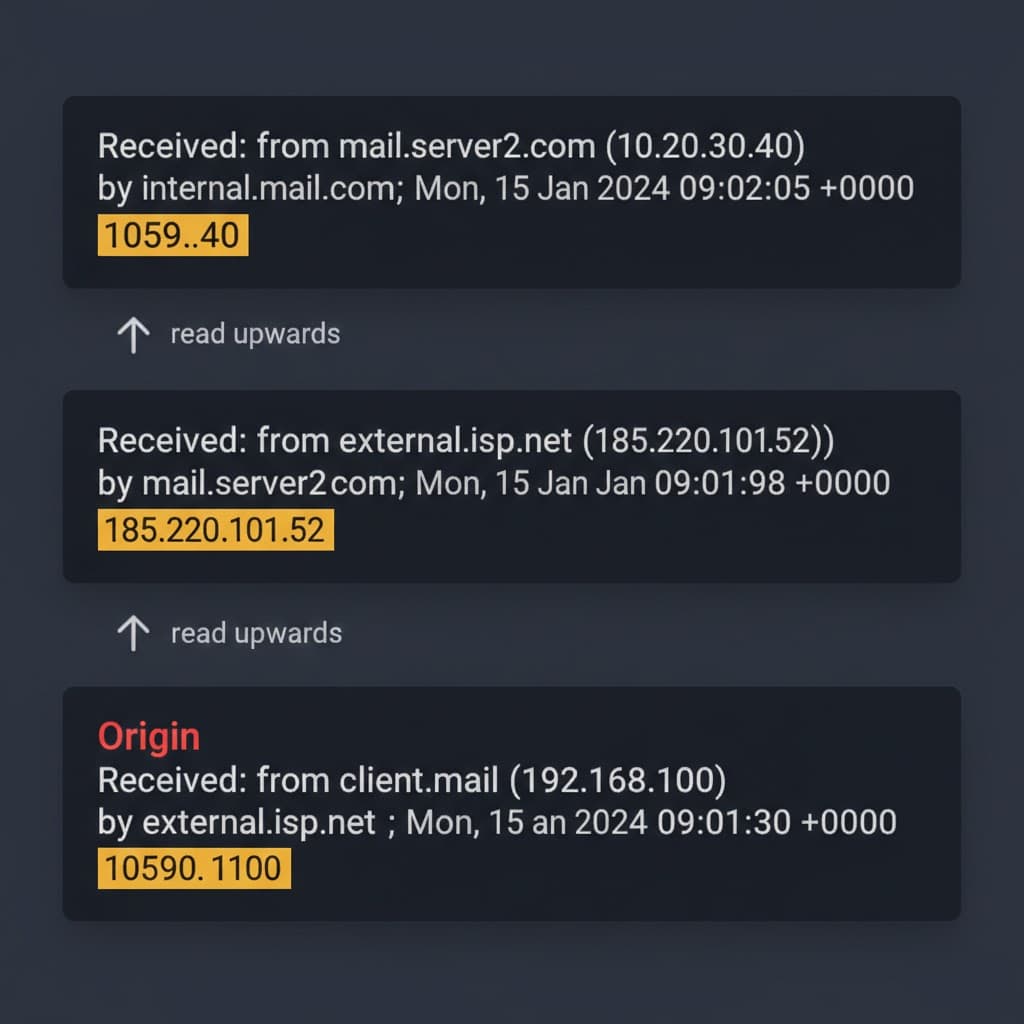 Email header chain showing multiple Received hops with origin IP highlighted