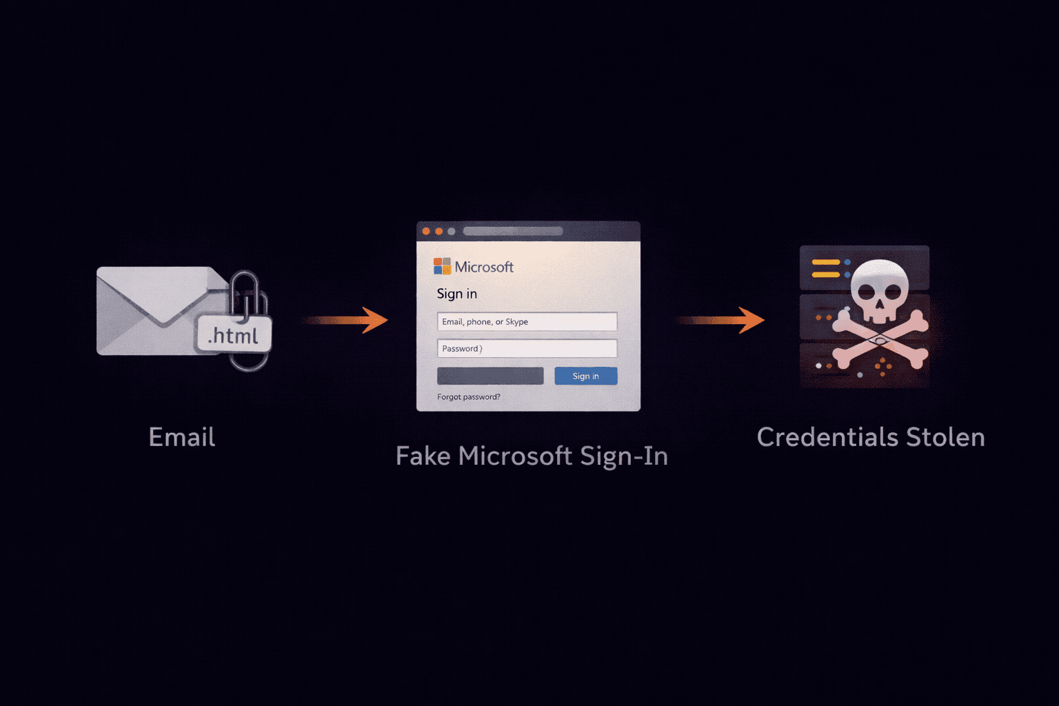 3-step flow: email with HTML attachment, fake login page, credentials stolen