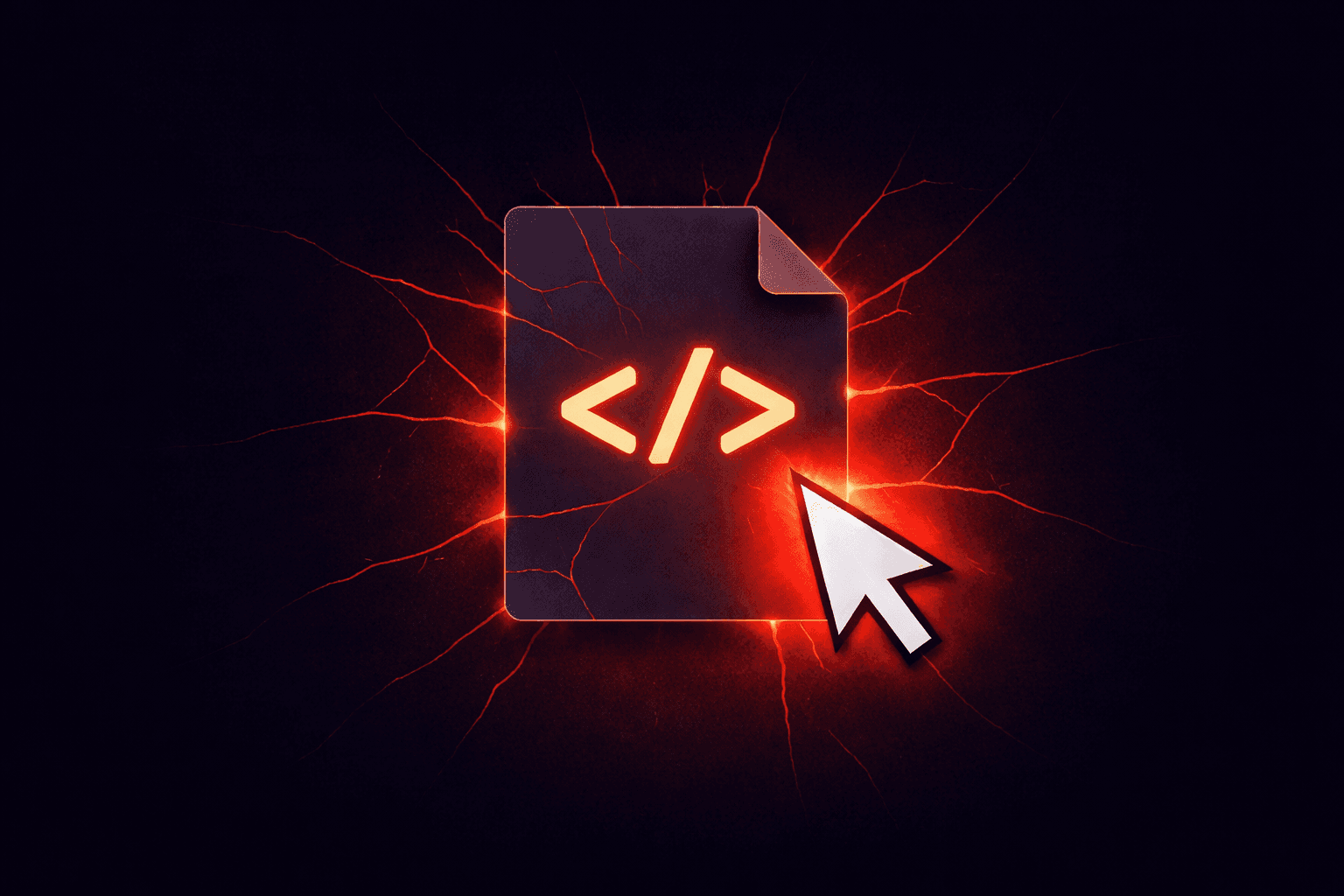 Menacing HTML file icon glowing red with spider web cracks and a hovering cursor