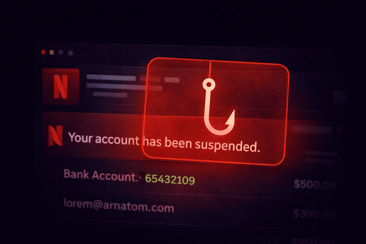 Netflix-style account suspended email with a phishing hook warning overlay