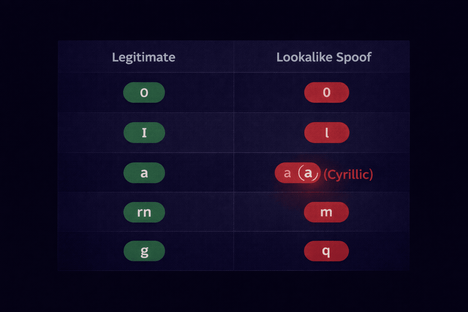 Reference table of common homograph character substitutions used in phishing