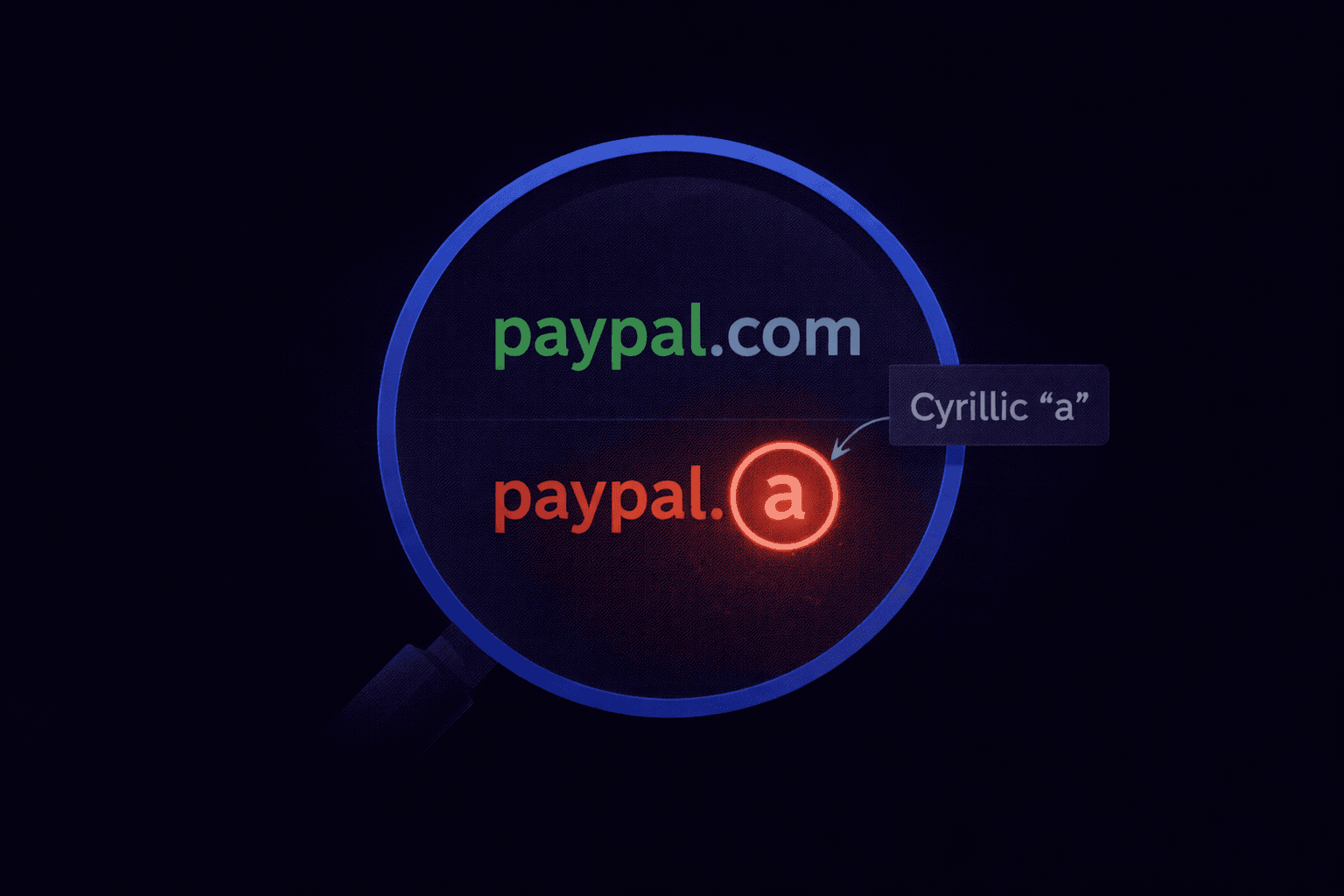 Magnifying glass comparing a legitimate domain versus a Cyrillic homograph fake