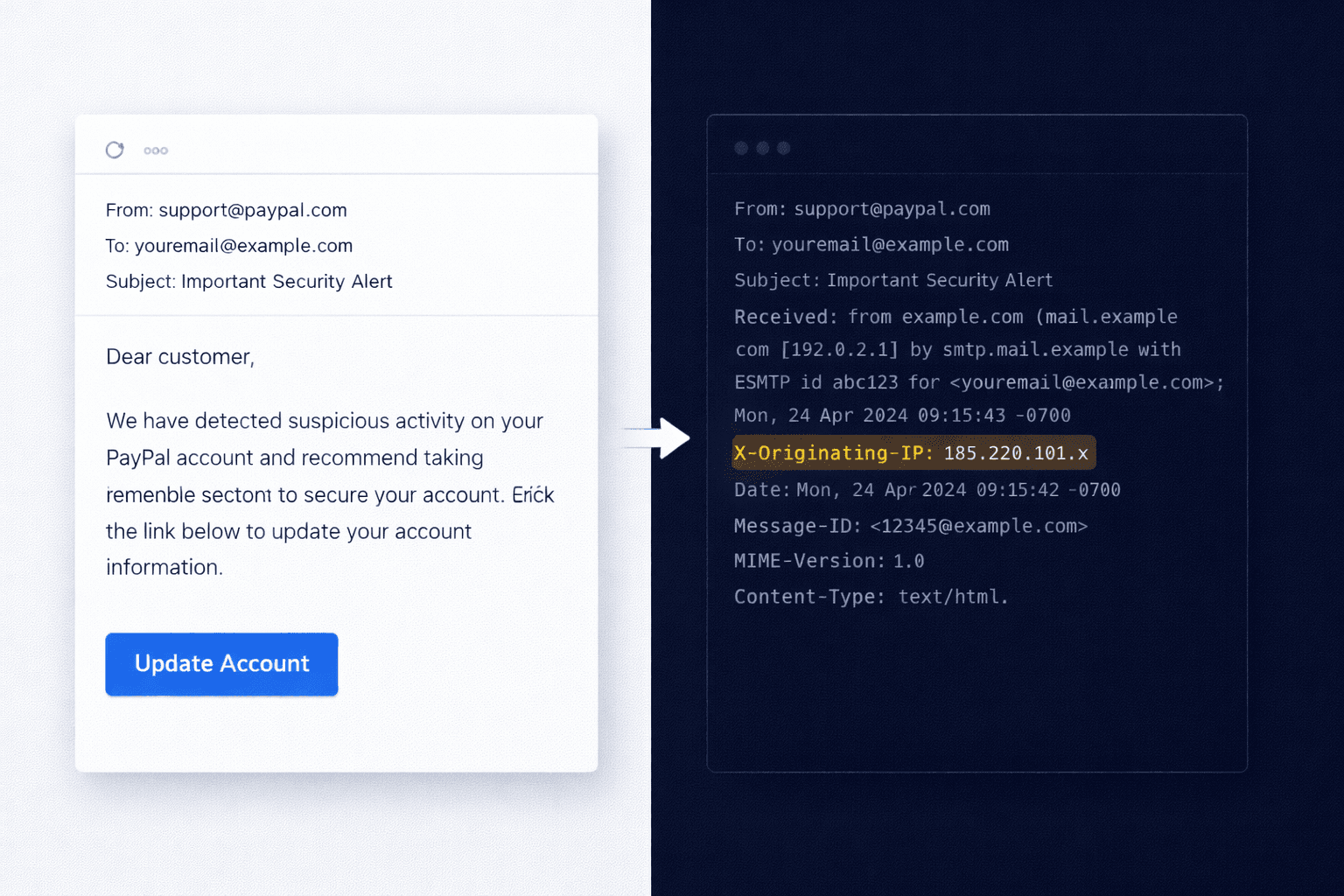 Side-by-side comparison of a normal email view versus the raw header view