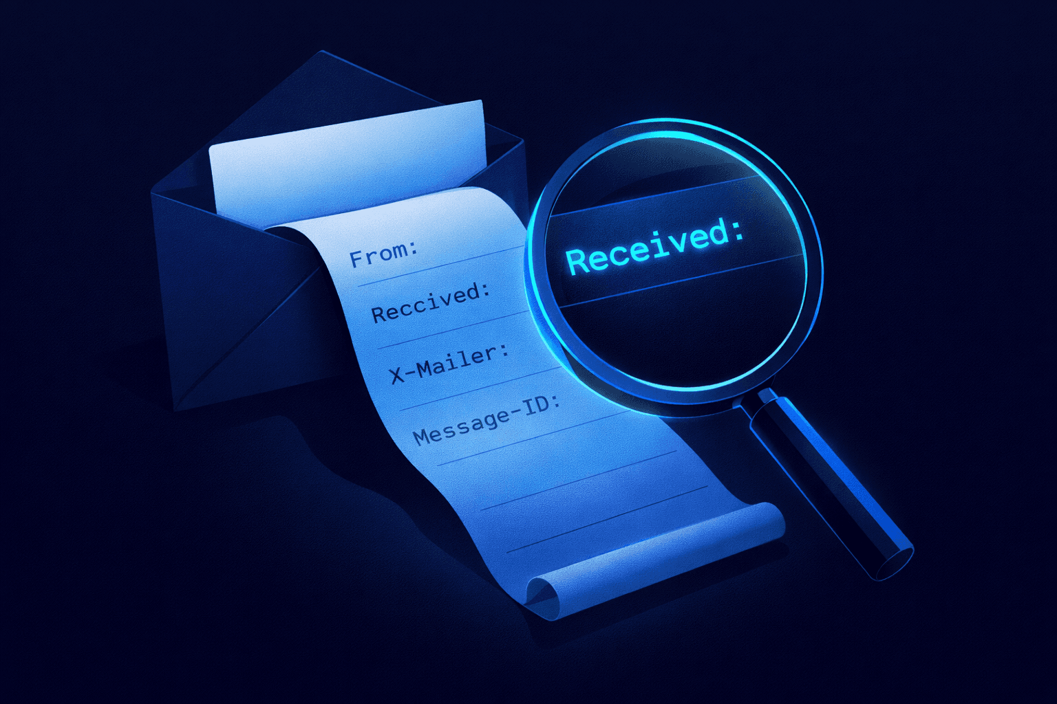 Email envelope unrolling into a scroll of header data with a magnifying glass