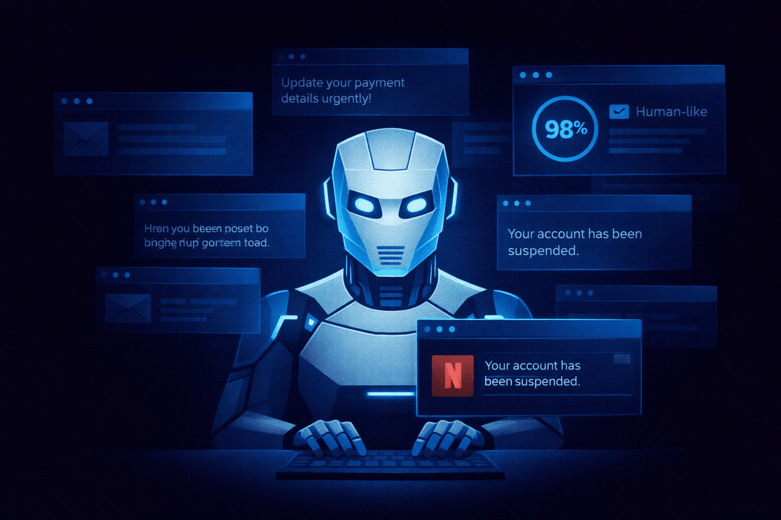 AI robot composing flawless phishing emails with a 98% human-like credibility score badge
