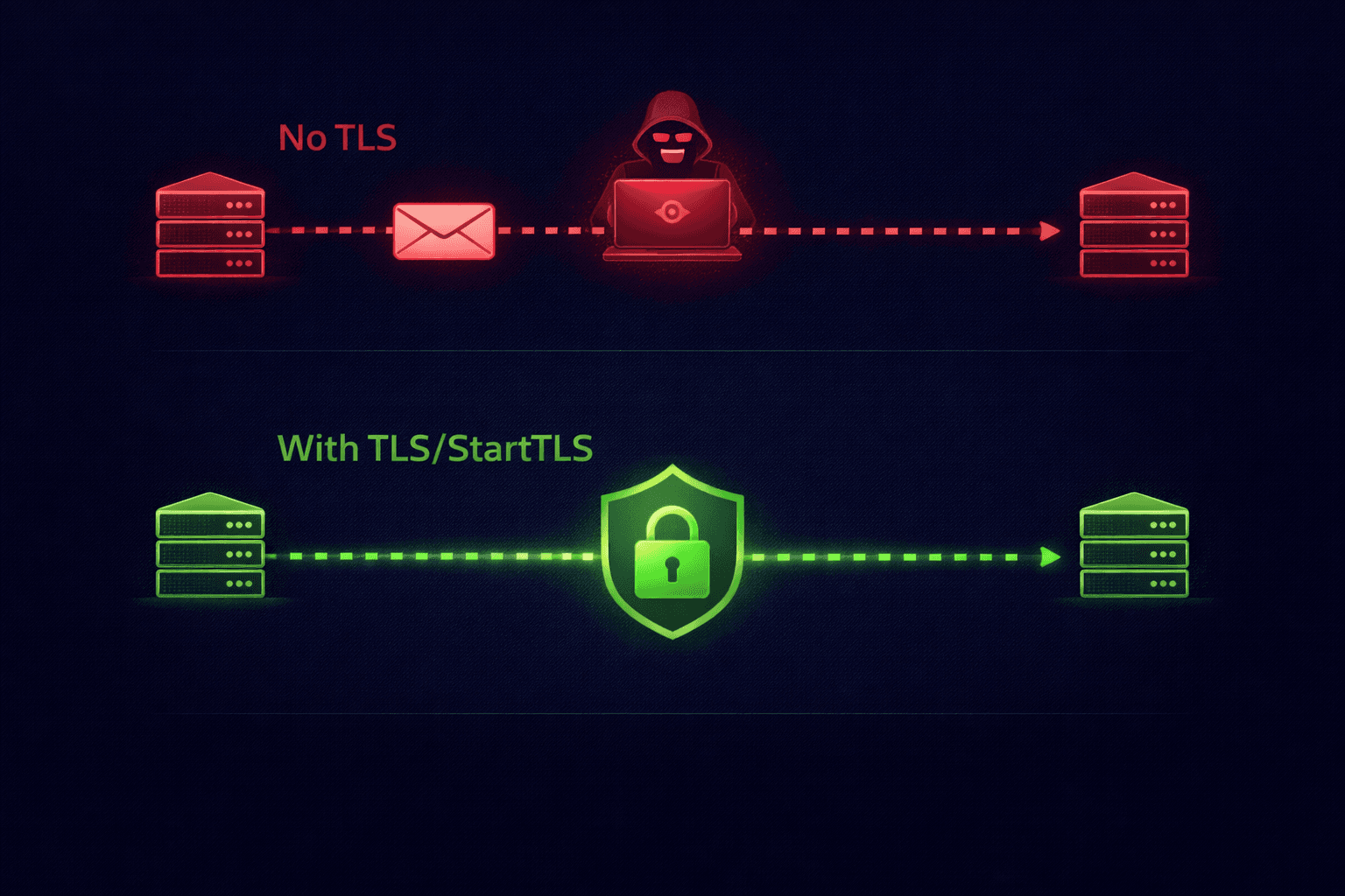 Diagram showing encrypted vs unencrypted email transmission paths