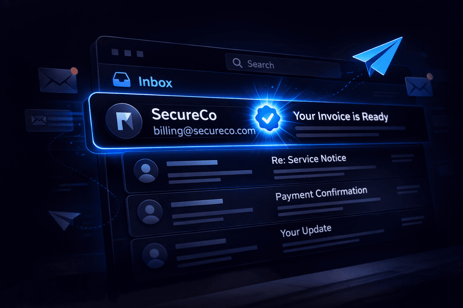 Email inbox showing a verified sender with a glowing blue BIMI checkmark logo