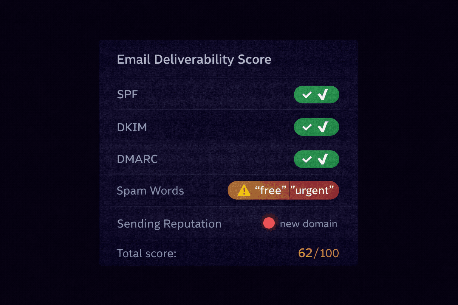 Email deliverability scorecard showing SPF pass, DKIM pass, but spam word warning and low reputation